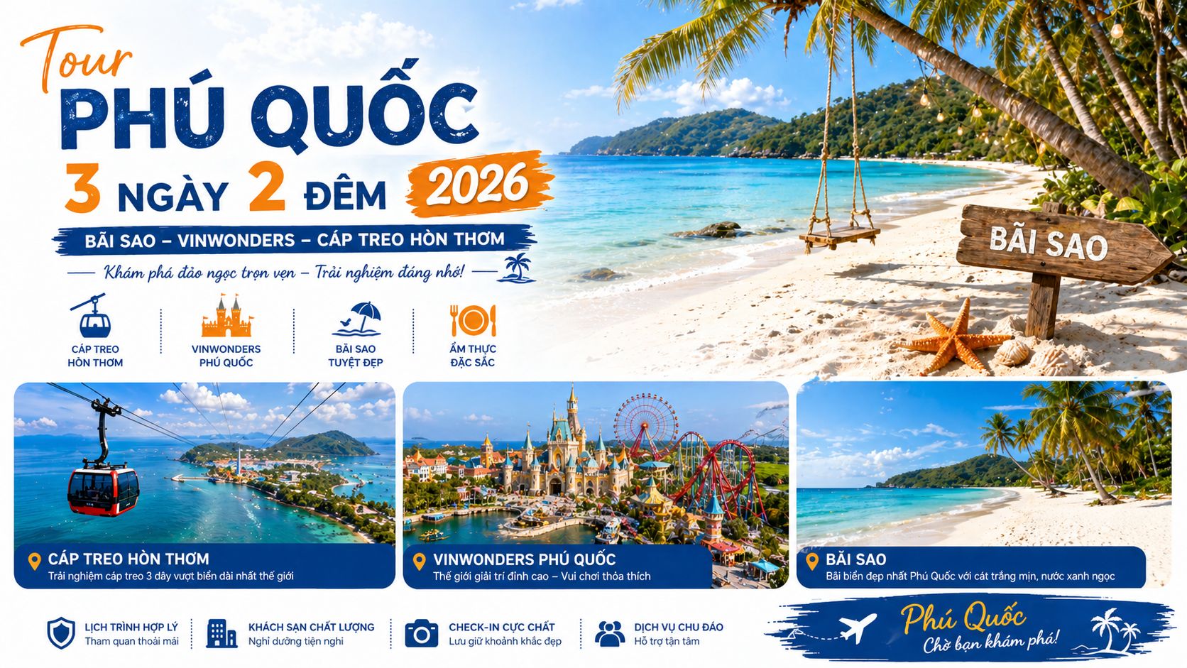 Tour Phú Quốc 3 Ngày 2 Đêm 2026: Trọn Vẹn Bãi Sao – VinWonders – Cáp Treo Hòn Thơm